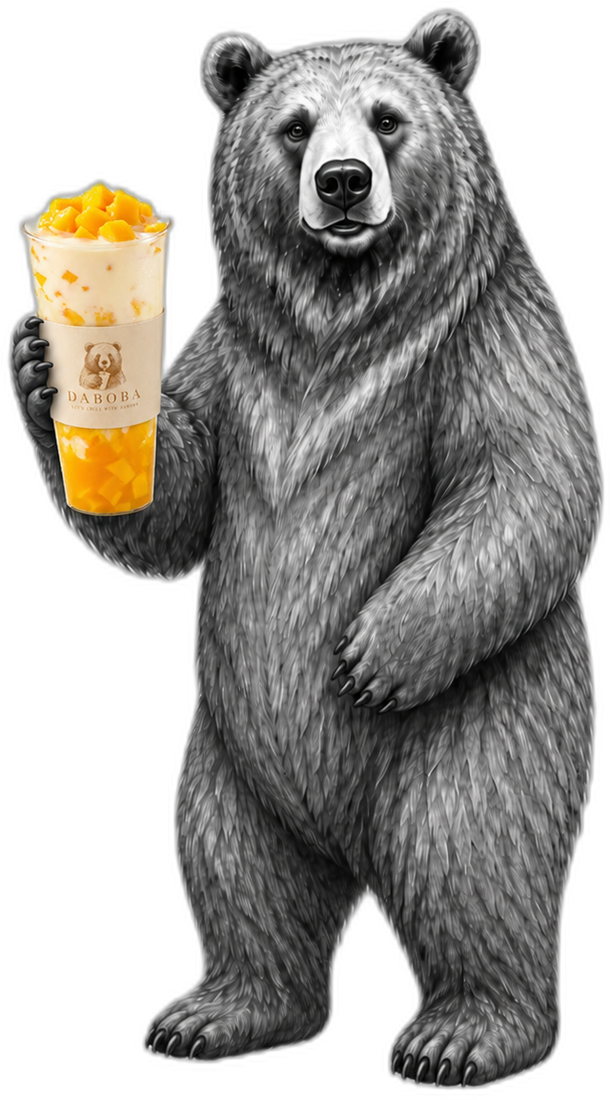 Daboba bear mascot holding a mango boba cup
